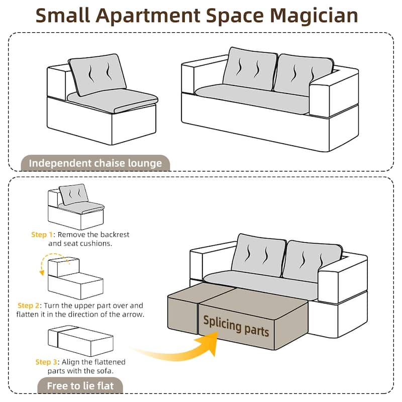 Sleeper Sofa with Chaise Lounge, Convertible Sectional Couch Bed, Corduroy 3-Seat Sofa, Folding Boneless Couch