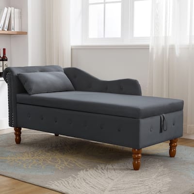 Kimberly Velvet Chaise Lounge with Storage and Pillow by GDFStudio - 58.26"L x27.9"W x 28.3"H
