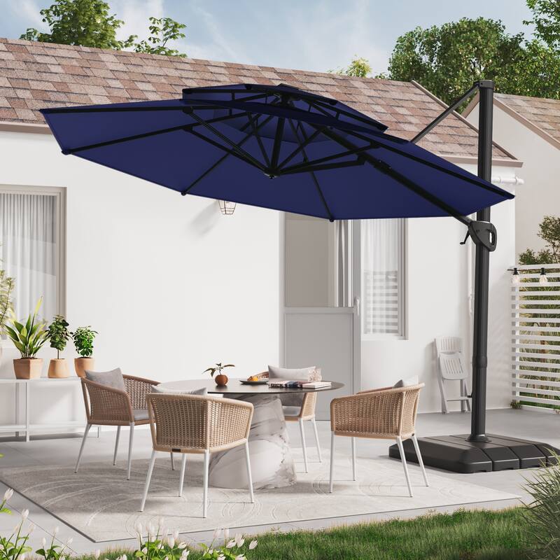 LIVOOSUN 11Ft Double Top Patio Hanging Octagon Cantilever Umbrella with 360-degree Rotating Canopy, Red