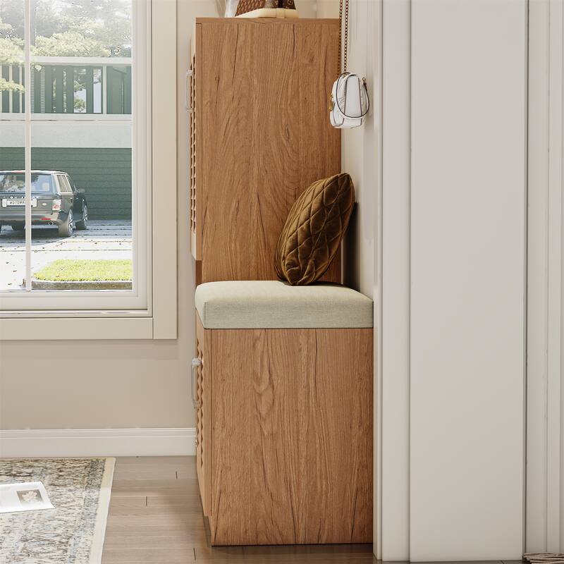 Wood Shoe Storage Cabinet with Bench and Adjustable Layer Board