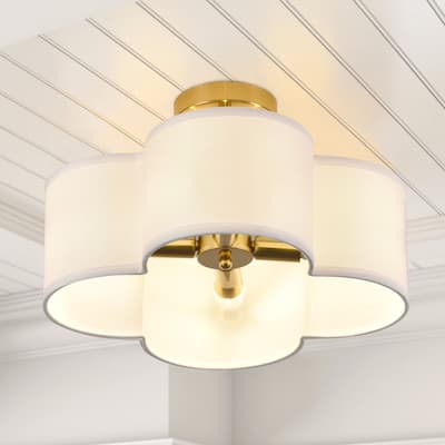 13 Inch 4-Light Semi-Flush Mount Off-White Fabric Drum Shade Ceiling Light