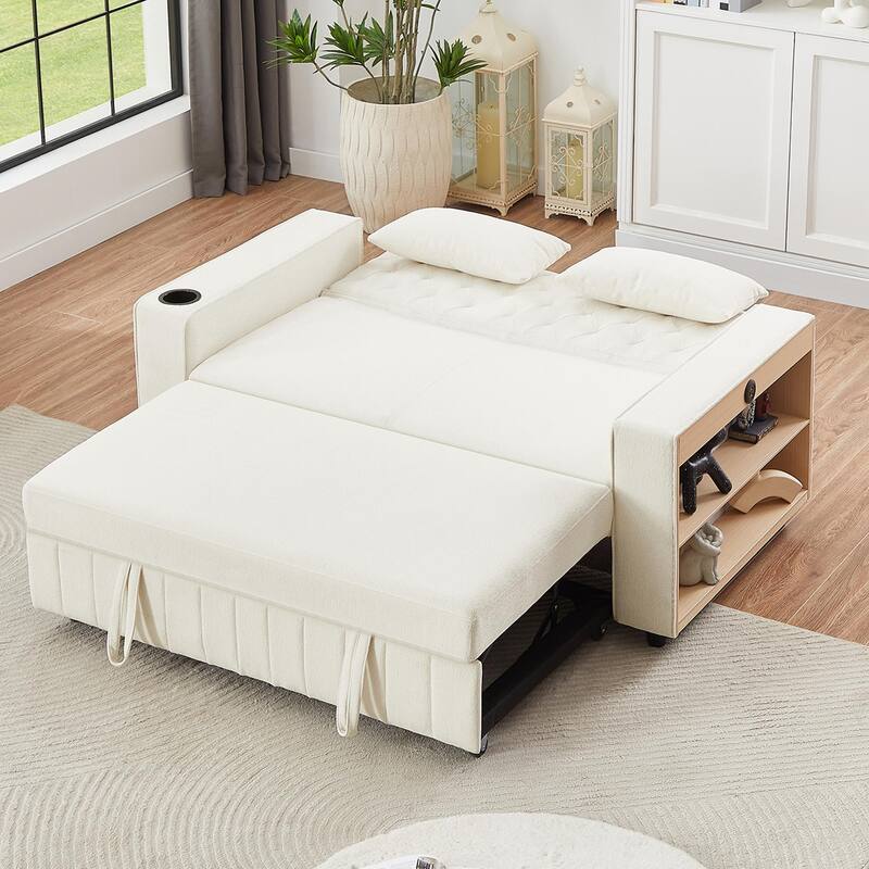 Convertible Couch Loveseat Sofa Bed with Cup Holders & Side Storage, Loveseat Couch with Adjustable Tufted Backrest