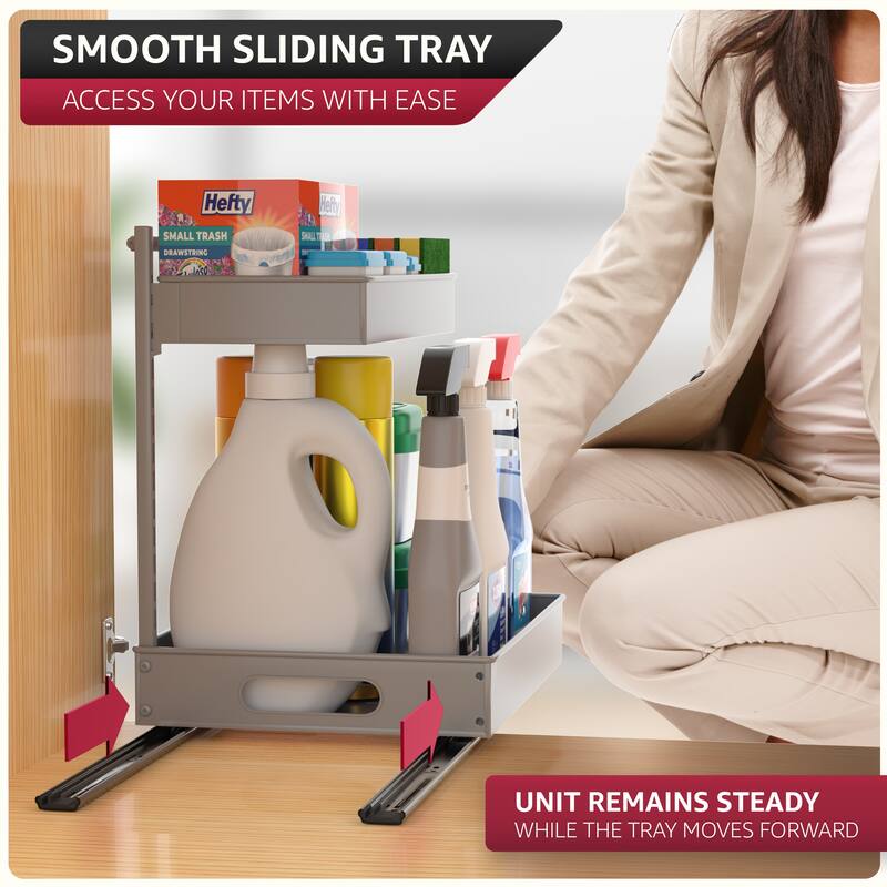 Sorbus Under Sink Organizer with Sliding Tracks and Adhesive Tape, 2-Tier Metal Pull Out Storage Rack