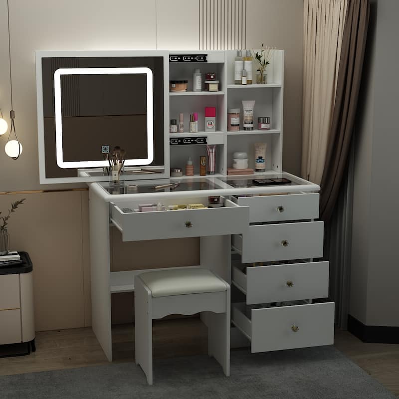 Elegant Makeup Vanity Crystal Accent Lighting Mirror Glass Top Dresser