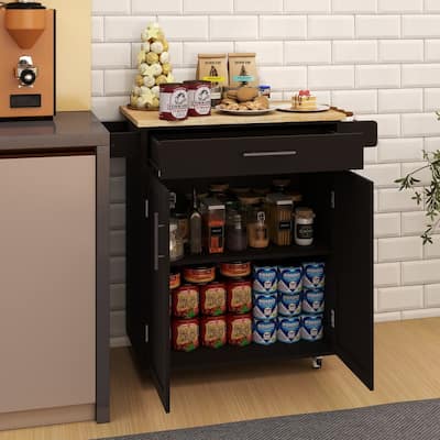 Black Rubber Wood Kitchen Island Cart with Drawer, Adjustable Shelves & Racks