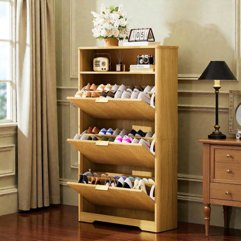 Tall Shoe Cabinet with 3 Flip Drawers, Hidden Entryway Shoe Storage Organizer for Hallway, Foyer, Slim Free-Standing Rack