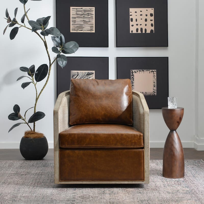 KINWELL 31"W Oak Frame Upholstered Swivel Barrel Armchair