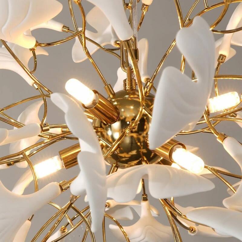 KAYLA Sputnik Chandelier - 23.6" Modern Gold Tree Branch Chandelier with Ceramic Ginkgo Leaves