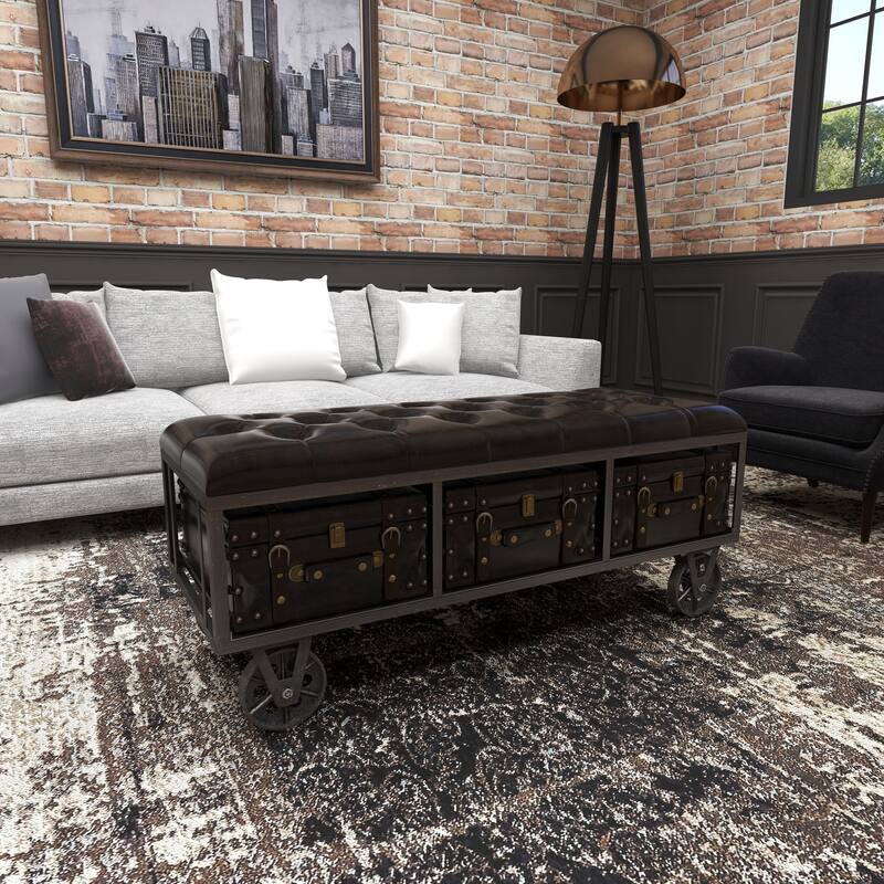 Black Faux Leather Tufted Upholstered 3 Trunk Storage Bench with Industrial Wheels and Gold Studded Accents