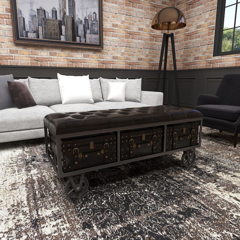 Faux Leather Tufted Upholstered 3 Trunk Room Storage Bench with Industrial Wheels and Gold Accents - Black - Roche River Decor