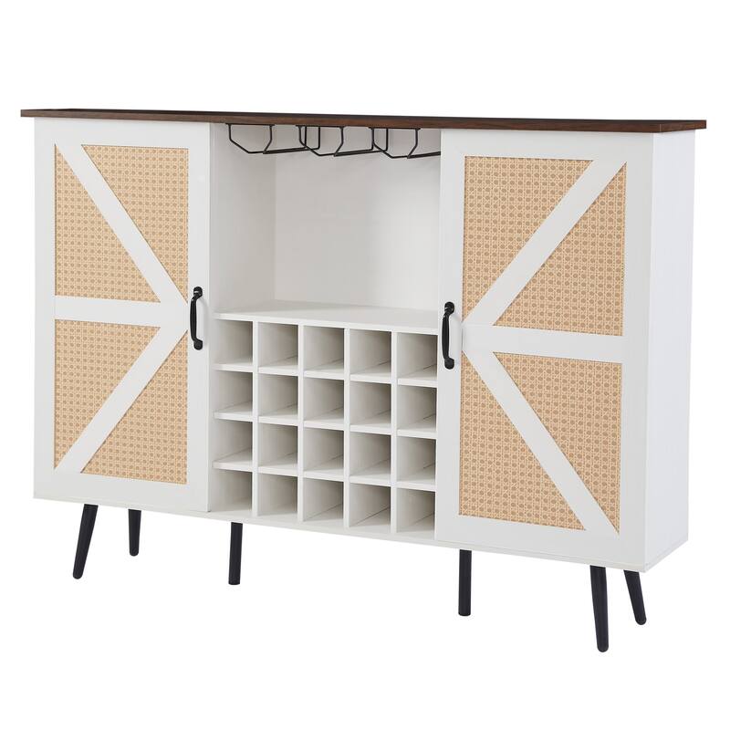 Rattan Barn Door Wine Cabinet with Wine Rack and Wine Glass Rack, Double Door Buffet Cabinet with Removable Shelves
