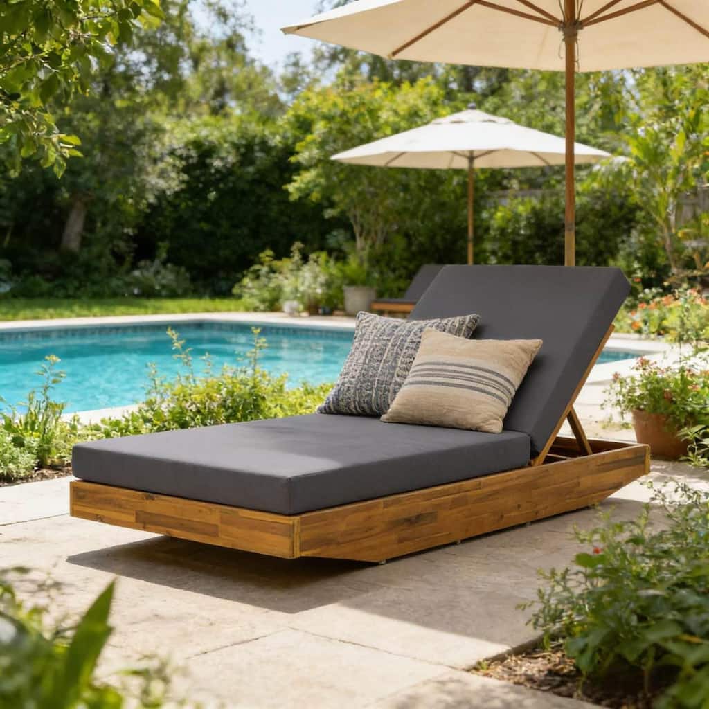 Roomfitters Acacia Wood Chaise Lounge, Grey Water Repellent Cushion, Teak Finish Reclining Sun Lounger, Poolside Daybed