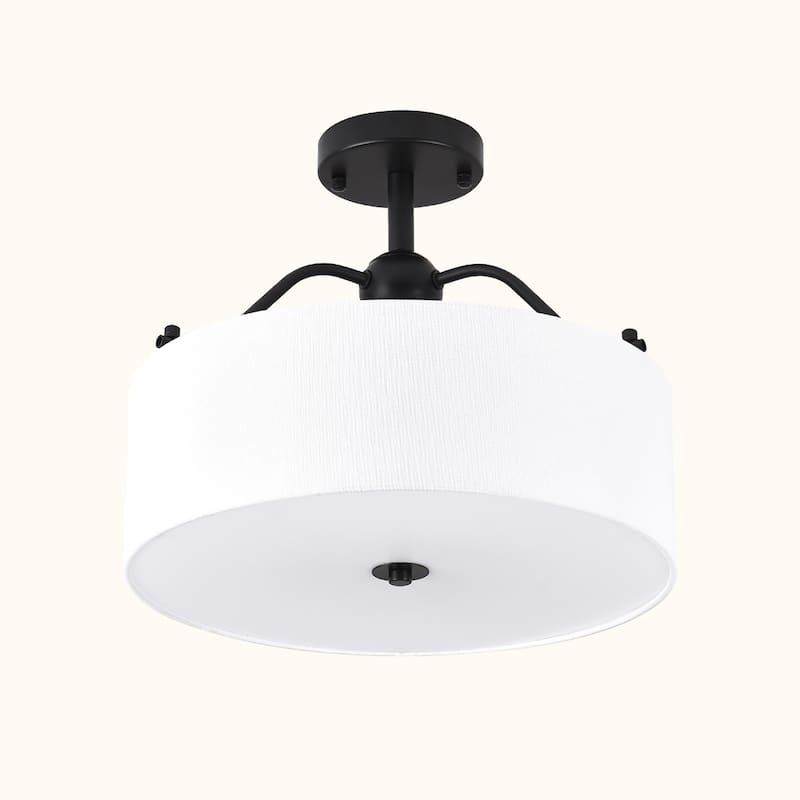 3-Light Modern Fabric Drum - Shaped Semi Flush Mount Ceiling Light - Matte Black