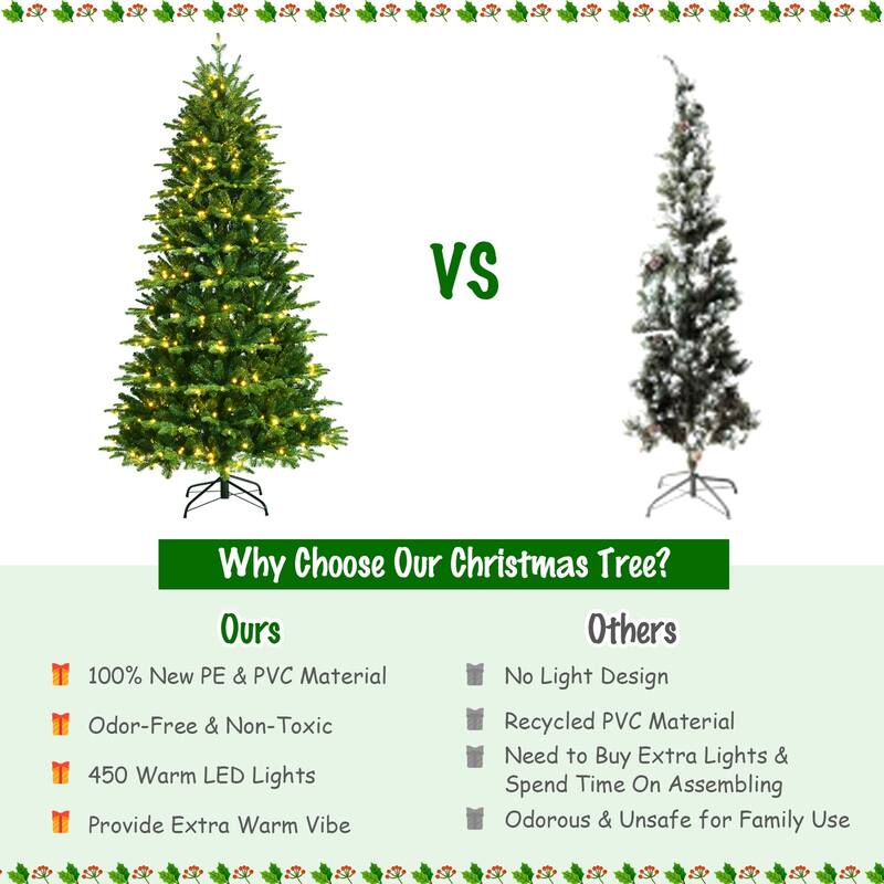 Gymax 6/7/8 ft Pre-Lit Christmas Tree Artificial Hinged Xmas Tree w/