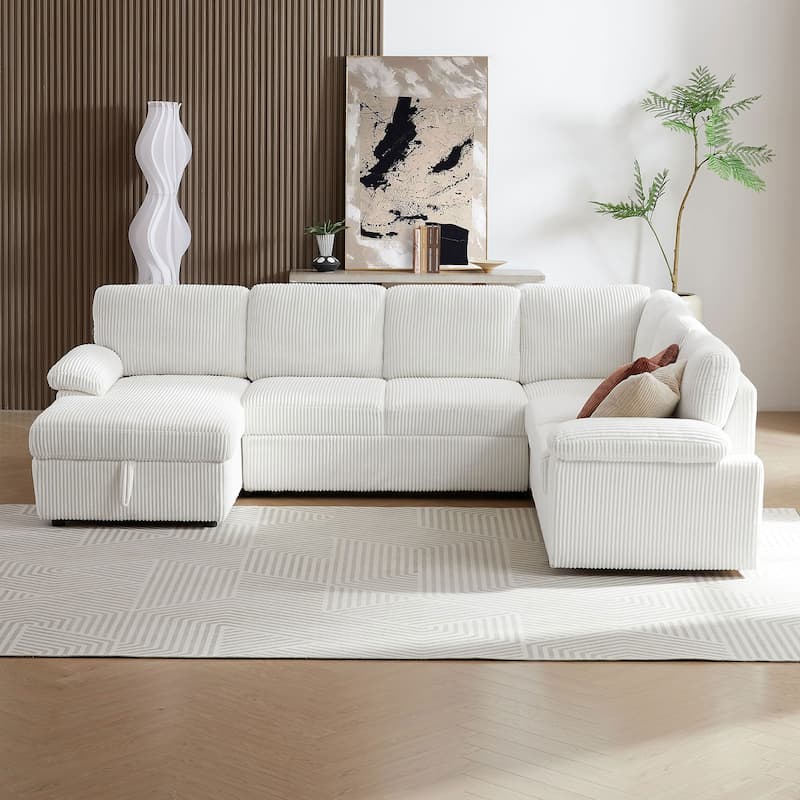 White 118.09'' Modular 6-Seat Sectional Sofa with Chaise, Pull-Out Bed and Storage, Deep Seat Upholstered Couch