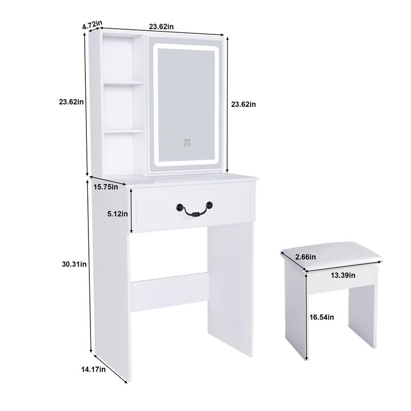Small Makeup Vanity Desk with LED-lit Mirror and Hidden Storage