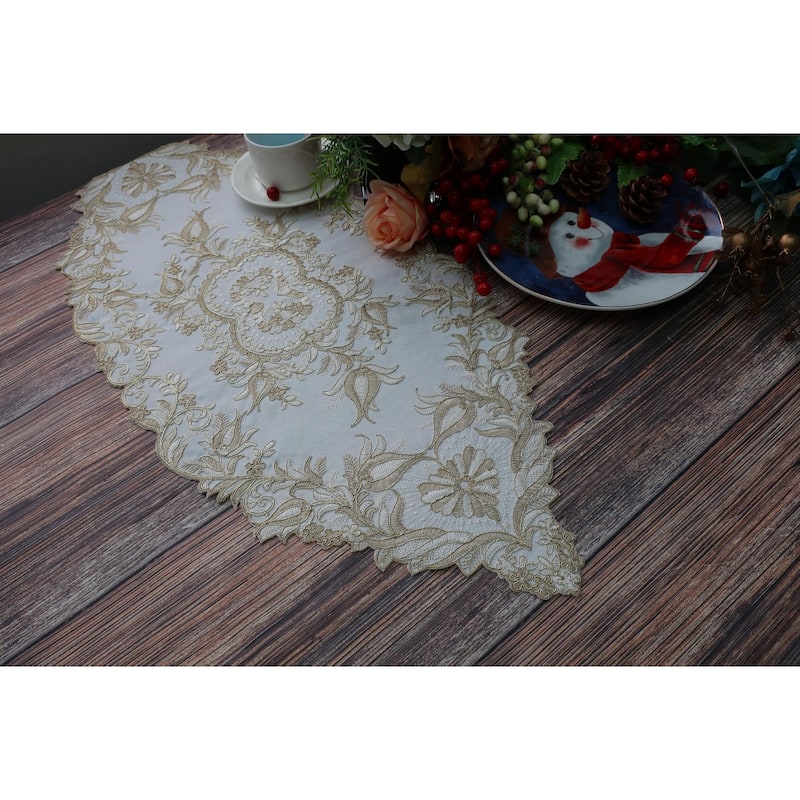 Violet Linen Glory Embroidered Lace Pattern Polyester Table Runner - 14" X 34" - Off-White