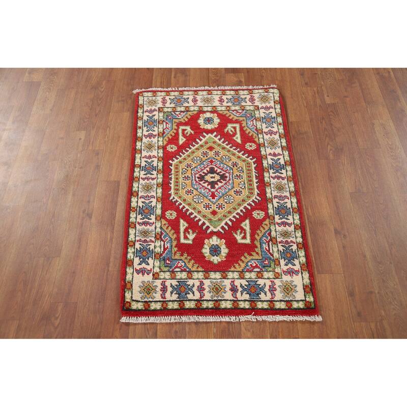 Red Kazak Foyer Rug Hand-Knotted Geometric Wool Carpet - 2'0" x 3'2"