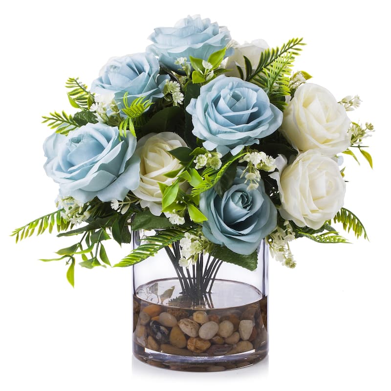 Enova Home Artificial 18 Heads Cream Blue Fake Silk Rose Flowers Arrangement in Clear Glass Vase with River Rock for Home Decor