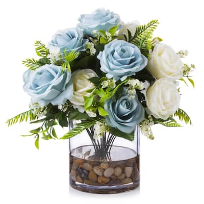 Enova Home Artificial 18 Heads Cream Blue Fake Silk Rose Flowers Arrangement in Clear Glass Vase with River Rock for Home Decor