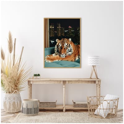 Kate and Laurel Sylvie Tiger in the City at Night 1 Framed Canvas by Michael Schauer