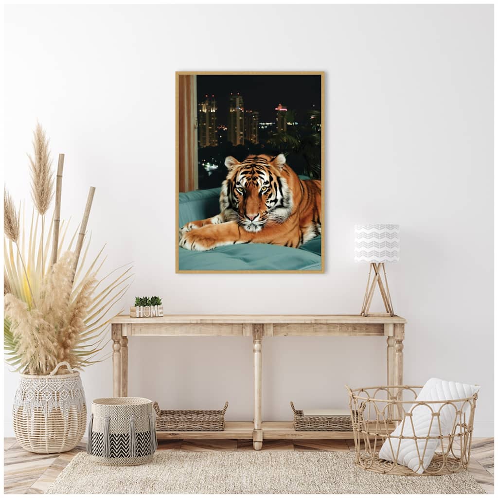 Kate and Laurel Sylvie Tiger in the City at Night 1 Framed Canvas by Michael Schauer