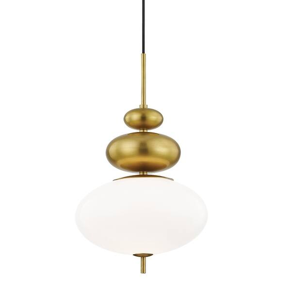 slide 2 of 2, Elsie 1-light Aged Brass Pendant, Opal Glossy Glass