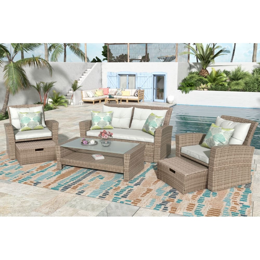 4 Pieces Patio Outdoor Conversation Set All Weather Wicker Sofa Set with Ottoman