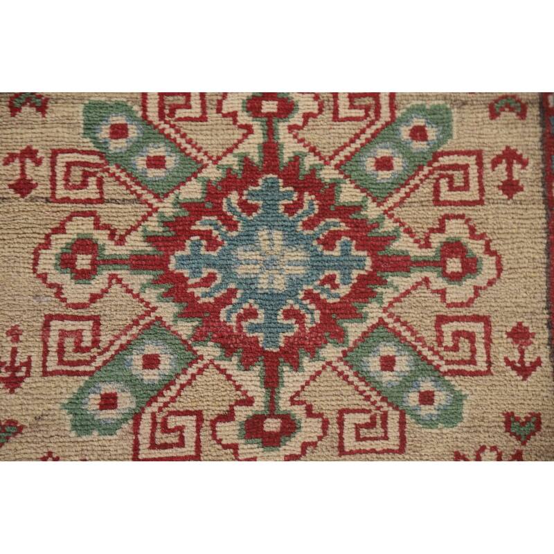Hand Knotted Oriental 100% Wool Carpet Traditional Geometric Beige & Ivories Kazak Runner Rug - 12' 9'' X 2' 9''