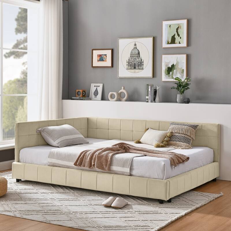 Upholstered Tufted Bed Frame Velvet Fabric Daybed - Beige - Full