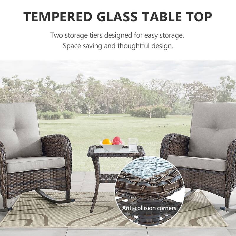 PlainCurve 3-Piece Wicker Outdoor Patio Conversation Set with Rocking Chairs and Olefin Cushions