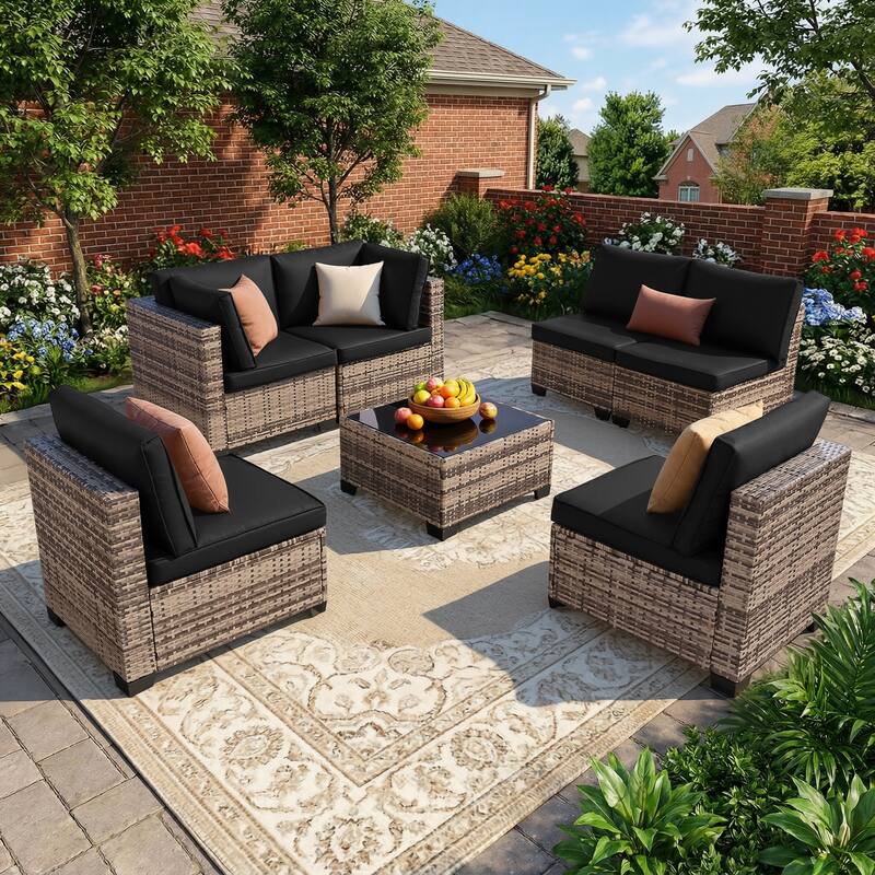 7-Piece Wicker Patio Conversation Set with Cushions,6 Sofas, 1 Table