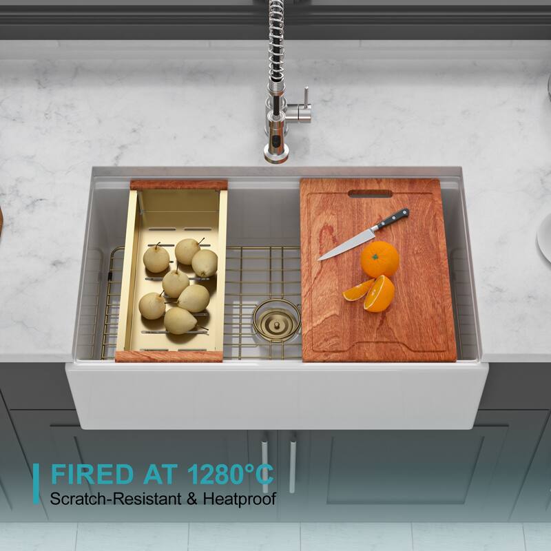 White Farmhouse Sink Workstation - Porcelain Ceramic Single Bowl Apron Front Kitchen Sink