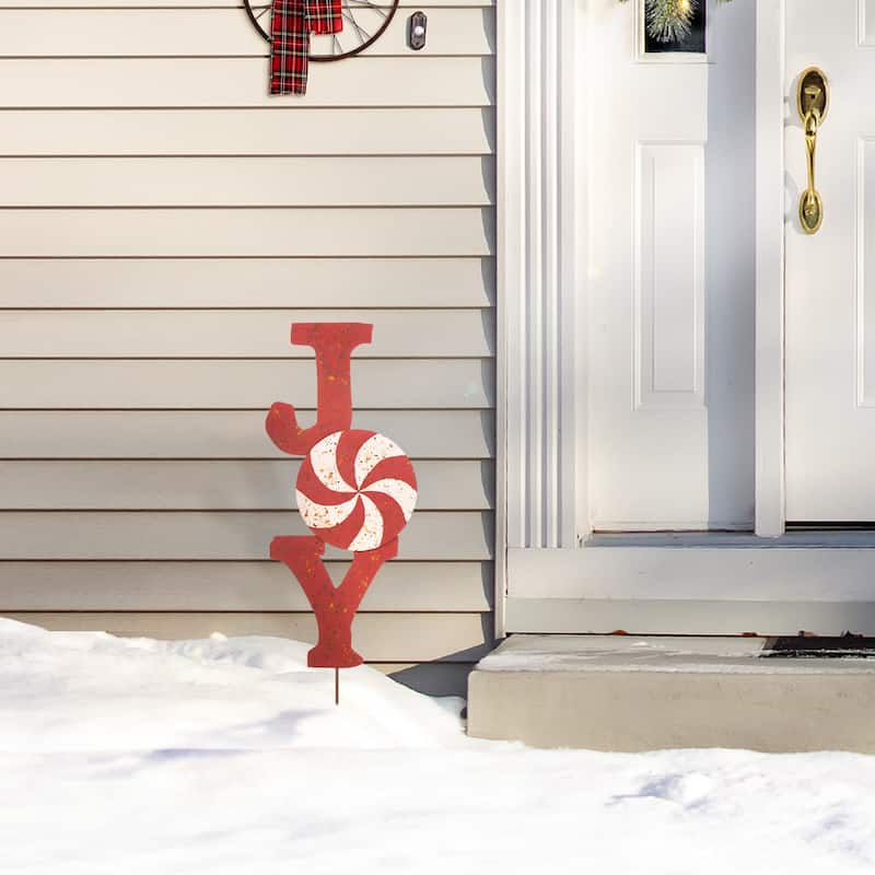 Glitzhome 36"H Christmas Rusty Metal JOY & NOEL Sign Yard Stakes Garden Decor (Two Functions)