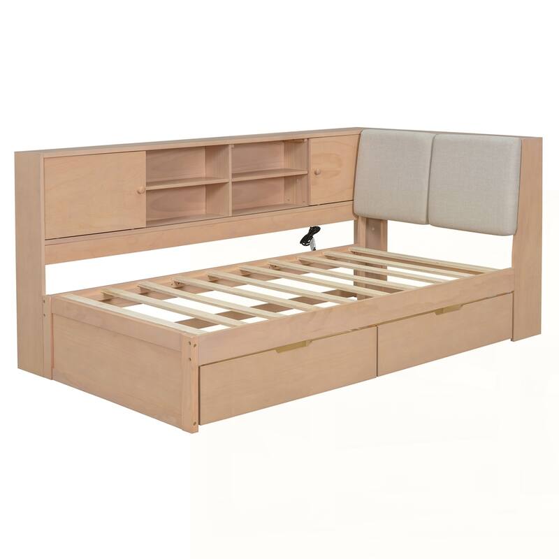 L-shaped Daybed Corner Bed with Storage Bookcase and USB Charging Ports