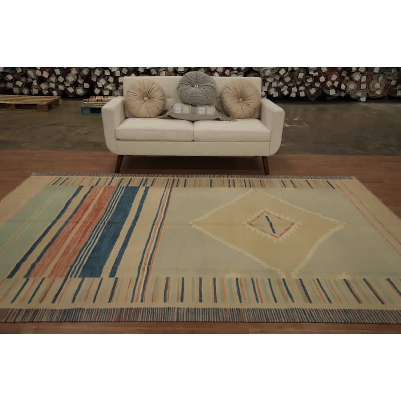 Hand Woven Oriental 100% Wool Carpet Southwestern Tribal Beige & Ivories Kilim Area Rug - 9' 10'' X 6' 7''