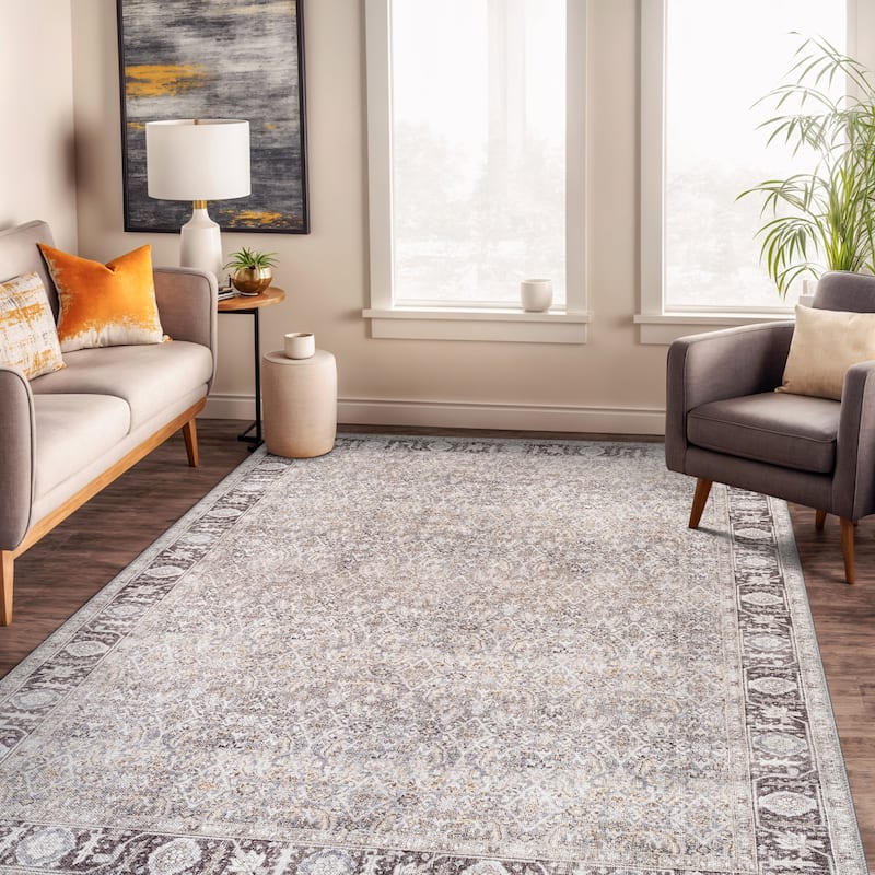 Beige Vintage Washable Rug - Low Pile, Subtle Pattern for Neutral Spaces - Gray - 5' x 7'