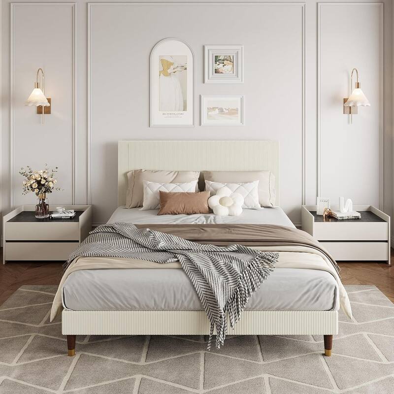 Soft Corduroy Fabric Platform Bed Frame with Upholstered Headboard, White - Queen