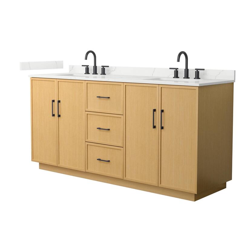 Wyndham Collection WCH7474-72D-QTZ-US3MXX Elan TK 72" Free Standing - Light Oak / Giotto Quartz Top / Matte Black