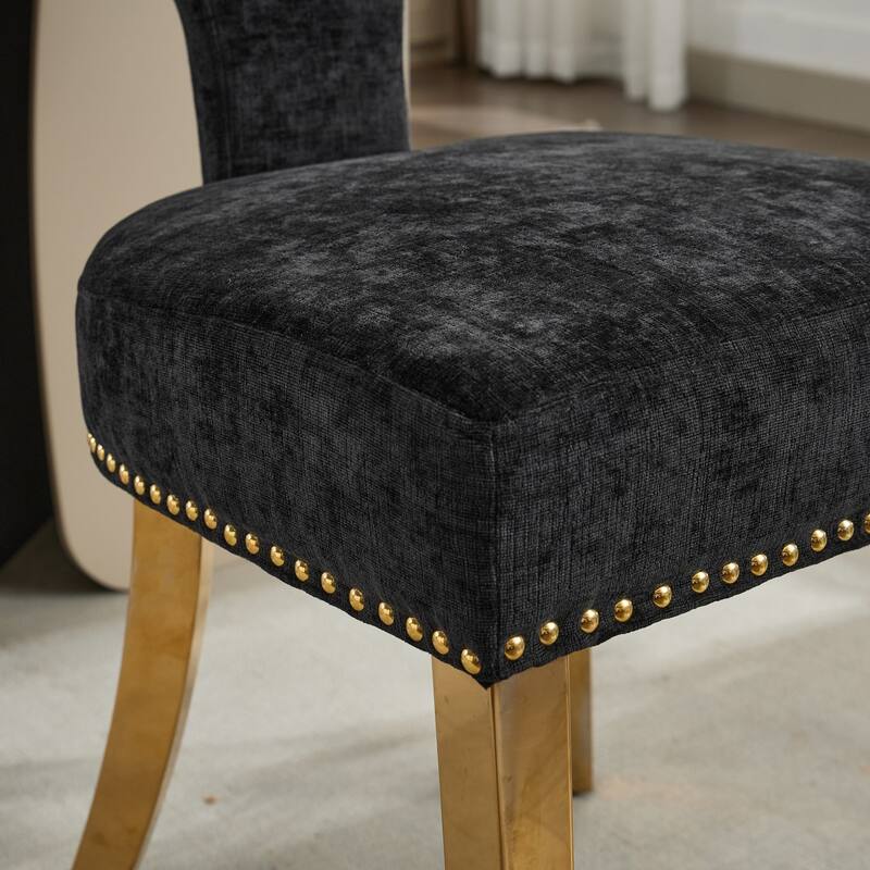 GDF Studio - Mid-Century Chenille Upholstered Dining Chairs with Curved Back & Golden Stainless Steel Legs, Set of 2