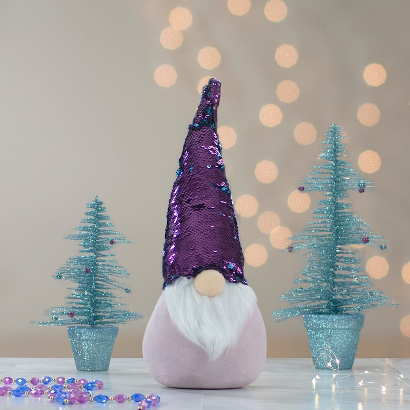 Gnome with Flip Sequin Hat Christmas Decoration - 17.5" - Purple and Blue