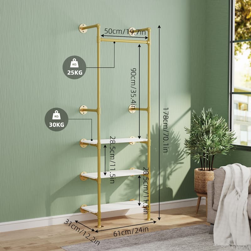 Industrial Pipe Clothes Rack Garment Stand for Walk-in Wardrobe with Shelves
