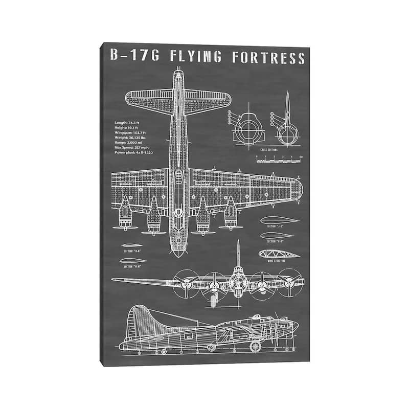 iCanvas "B-17 Vintage Bomber Airplane In Black" by Action Blueprints Canvas Print