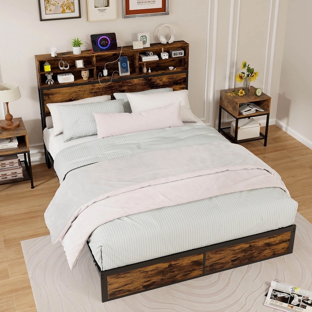 Queen Bed Frame Charging Station Headboard Under-bed Storage Space