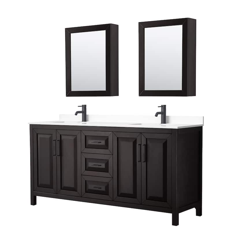 Daria 72 Inch Double Vanity, Cultured Marble Top, Medicine Cabinets - Dk Espresso, Black Trim, White Cultured Marble Top