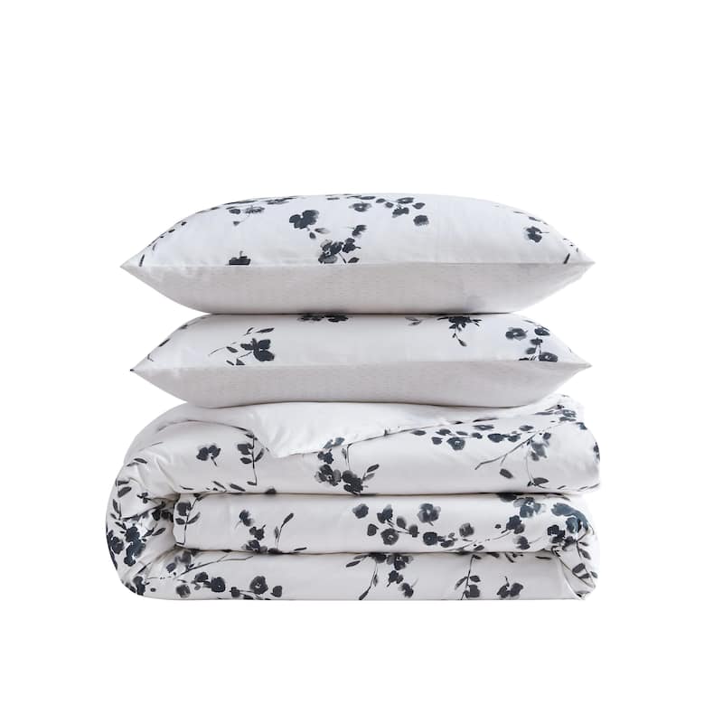 Vera Wang Noir Bouquet Botanical Print Cotton Sateen Duvet Cover Set (Grey, 3 Piece)