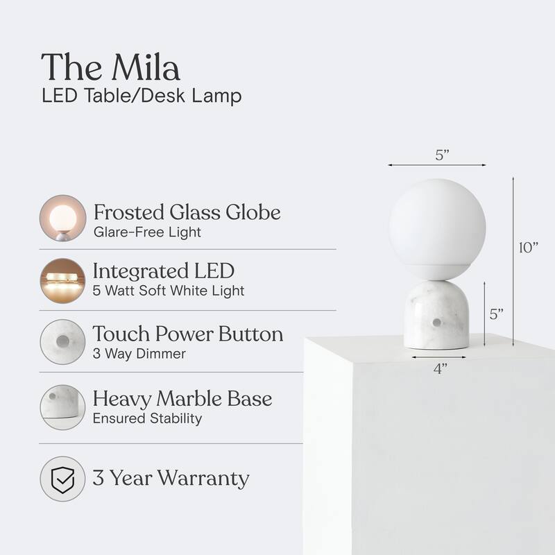 Brightech Mila 9.85 in. Polished White Mid-Century Modern Integrated LED Bedside Table Lamp with Built-In 3-Way Dimmer (2-Pack)