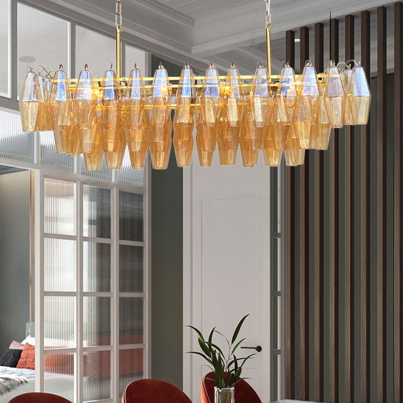 Ciara 8 Light Rectangular Linear Amber Glass Chandelier. - Brass