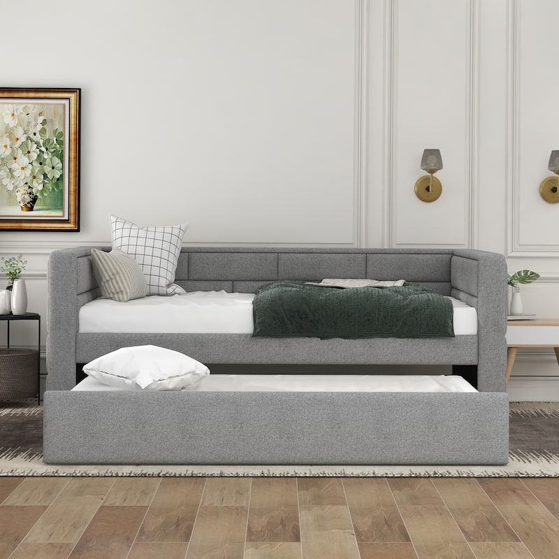 Twin Upholstered Daybed with Trundle, Padded Back, Space Saving Furniture