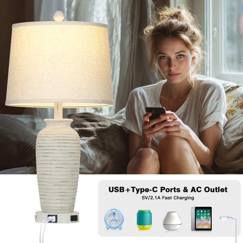 Set of 2 Touch Control 25-Inch Table Lamps with USB & Type-C Ports and Drum Shades